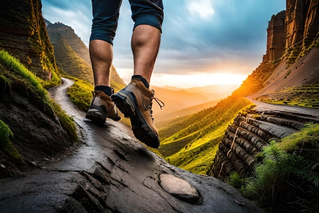 A person walking on a mountain path with a mountain in the background