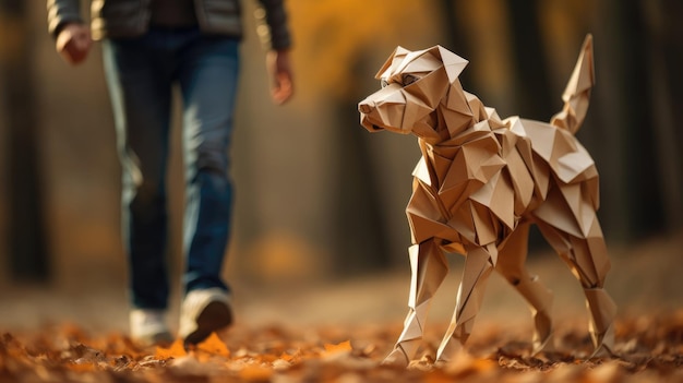 A person walking a paper origami dog Generative AI