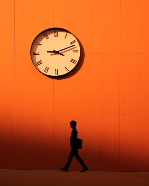 a person walking past a clock on an orange wall