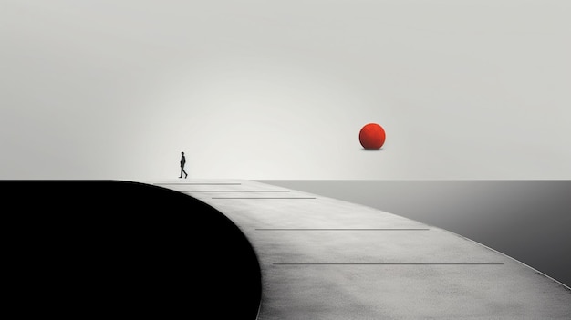 A person walking on a path with a red ball in the air.