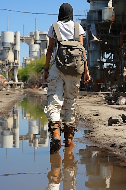 a person walking in a puddle of water