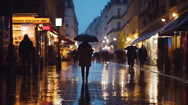 雨の中、「パリ」と書かれた店の前を傘をさして歩いている人