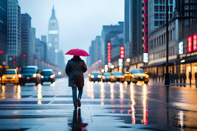 傘をさして雨の中を歩く人