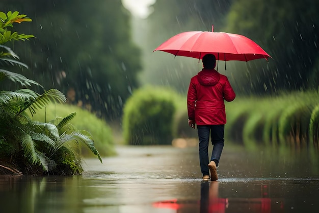 傘をさして雨の中を歩く人