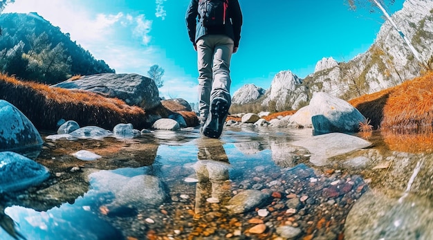 A person walking in a river with rocks and rocks in the background.