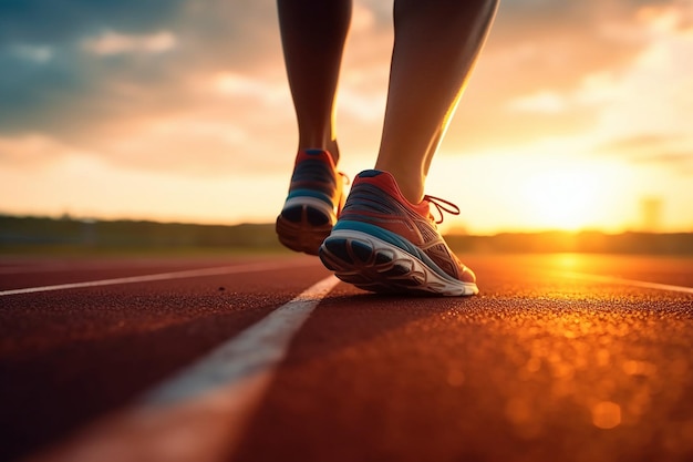 A person walking on a running track with the sun setting behind them