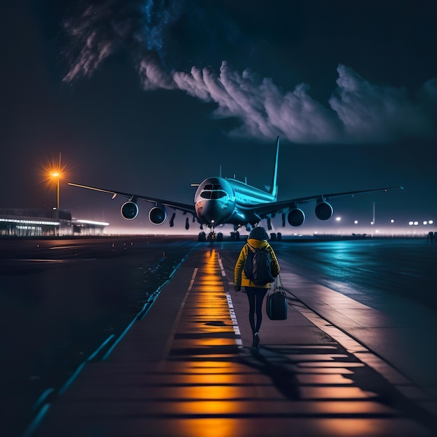 A person walking on a runway with a large plane on the runway at night.