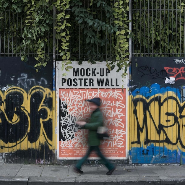 a person walking on a sidewalk near a wall with graffiti on it