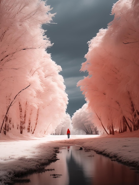 a person walking in the snow in front of a river