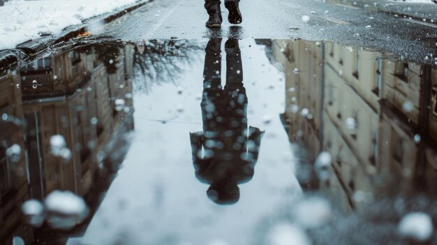 Foto persona che cammina nella neve con un ombrello adatto per l'inverno e concetti relativi al tempo