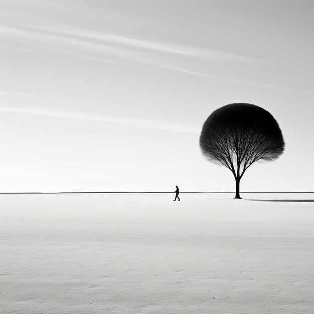 Foto una persona che cammina in un campo innevato accanto a un albero