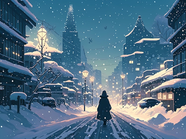 a person walking in the snowy streets