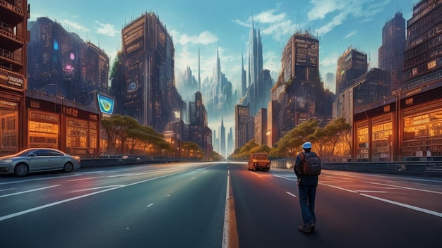 A person walking on the street in a futuristic city