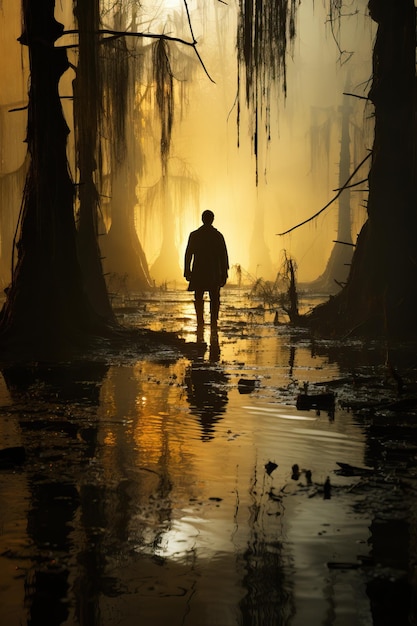 a person walking in a swamp