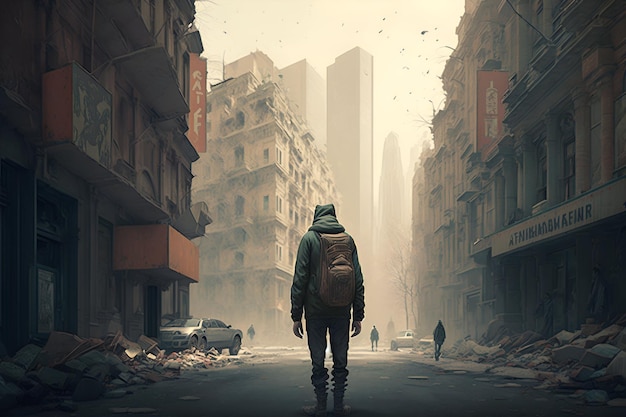 A person walking through a city surrounded by buildings and urban landscapes