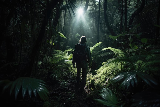 Person walking through dark rainforest with flashlight in hand