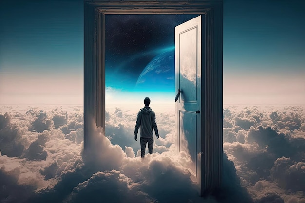 Person walking through door to heaven with view of earth and clouds in the background