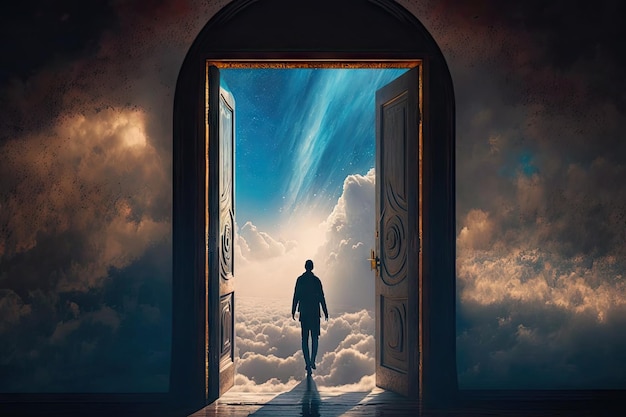 Person walking through door with glimpse of heaven beyond