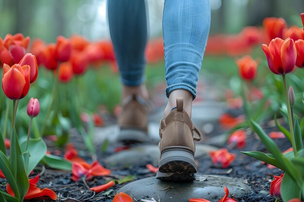 Person Walking Through a Field of Red Tulips