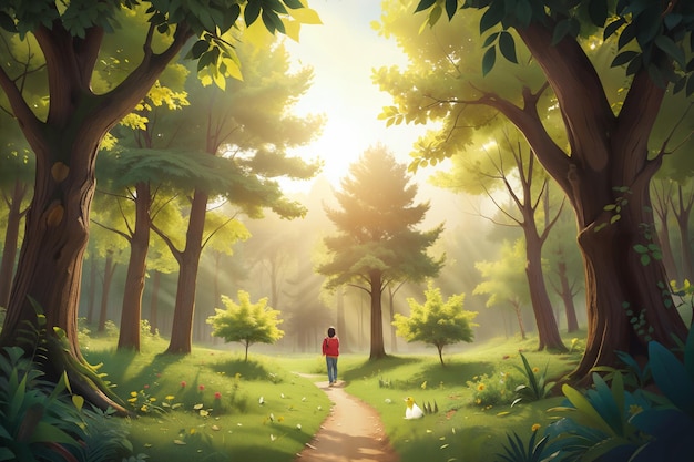 a person walking through a forest with a path leading to the sun