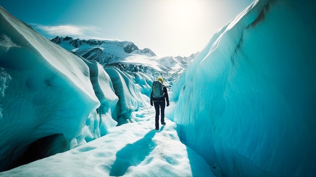 A person walking through a glacier with the sun shining on them.