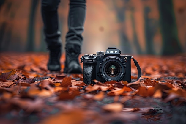 A person walking through leaves with a camera