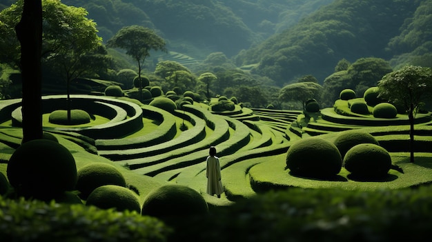 Photo a person walking through a lush green terraced garden