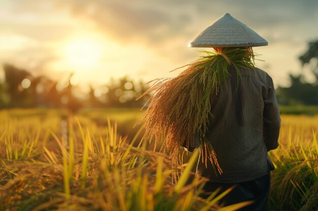 Photo person walking through paddy field with hat