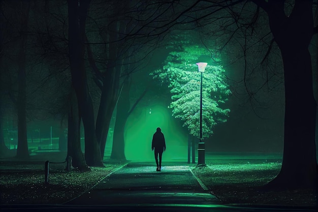 Person walking through park with green light in the background