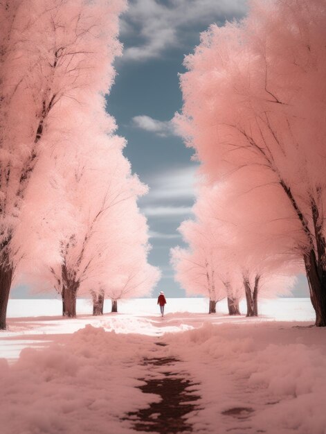 a person walking through a snow covered field with pink trees