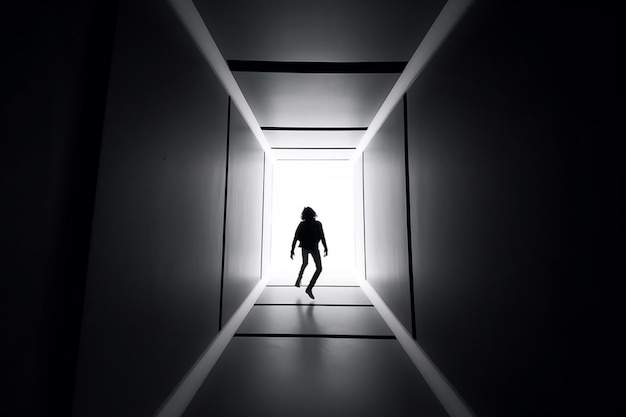 A person walking through a tunnel with the light shining through.