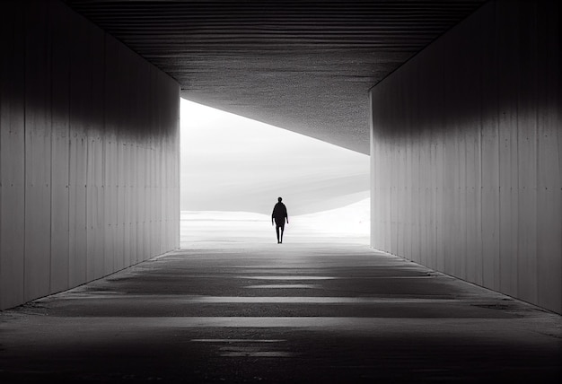 A person walking through a tunnel with the light on.