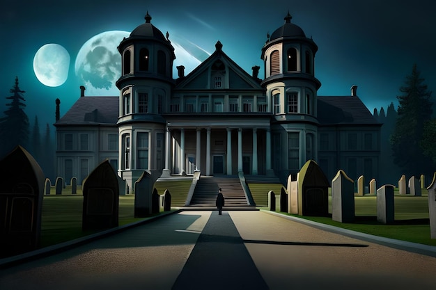 A person walking towards a large mansion with a full moon behind it.