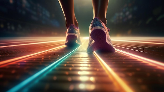 A person walking on a track with a neon strip in the background.