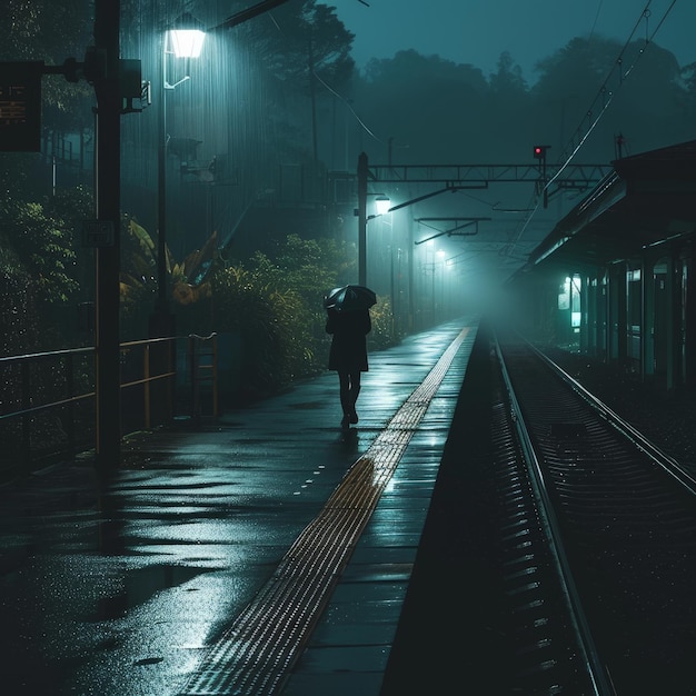 a person walking on a train platform with an umbrella