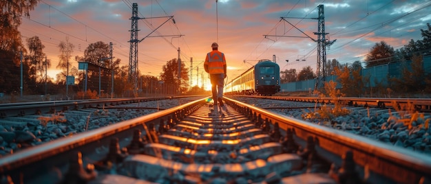 Person Walking on Train Track at Sunset