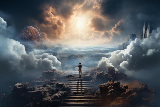 Person walking up stairway to heaven through clouds in the sky after death Generative Ai