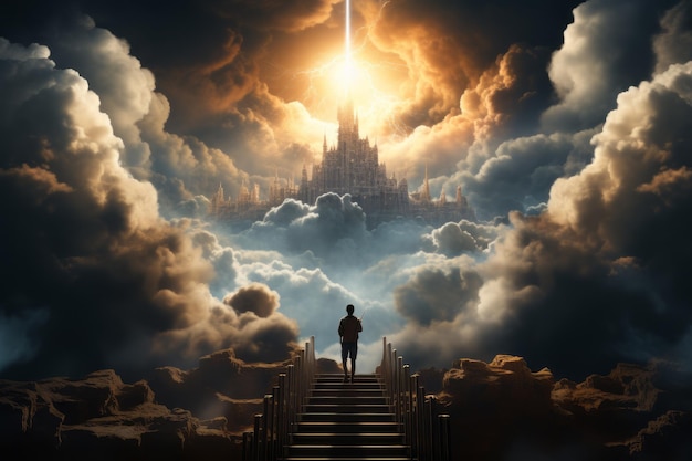 Person walking up stairway to heaven through clouds in the sky after death Generative Ai