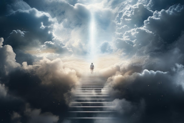 Person walking up stairway to heaven through clouds in the sky after death Generative Ai