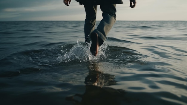 A person walking in the water on a surfboard