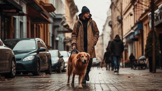 街の通りを犬と一緒に歩いている人