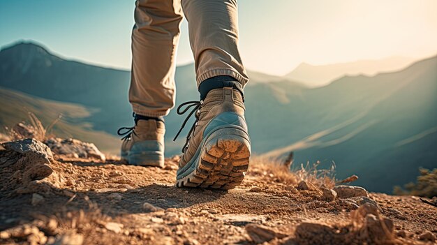 Человек, гуляющий в пешеходных ботинках в горах