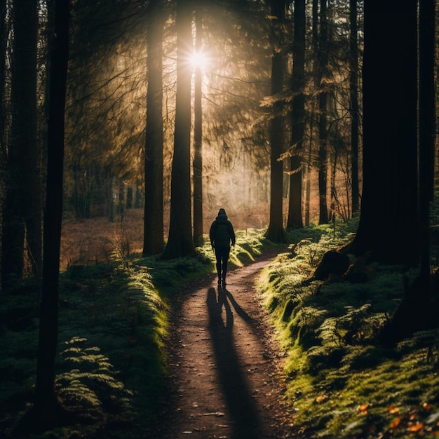 A person walks down a path in the woods with the sun shining through the trees.