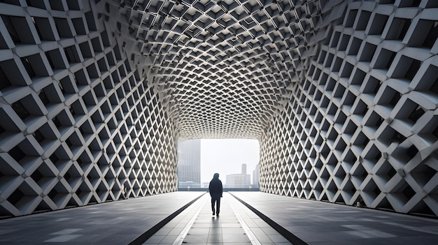 A person walks through a tunnel with a light on the ceiling.