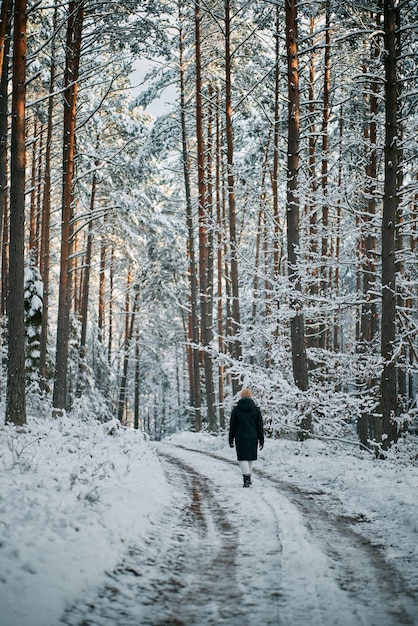 A person walks on the winter road no face woman hiking in a\
snowcovered forest