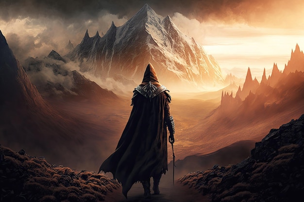 Person wandering through mordor with mountain range in the background