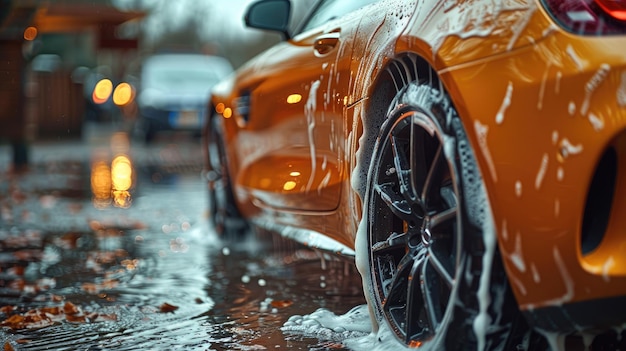 A person washing and detailing a car in the driveway