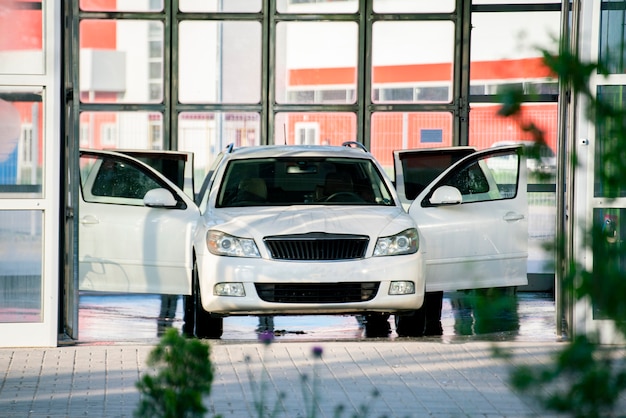 Persona che lava la sua auto in una stazione con un detergente speciale, servizi di autolavaggio