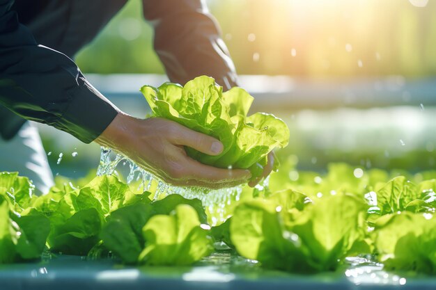 A person washing a lettuce