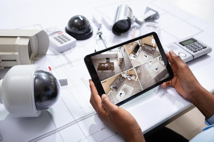 Photo person watching footage on tablet with security equipment